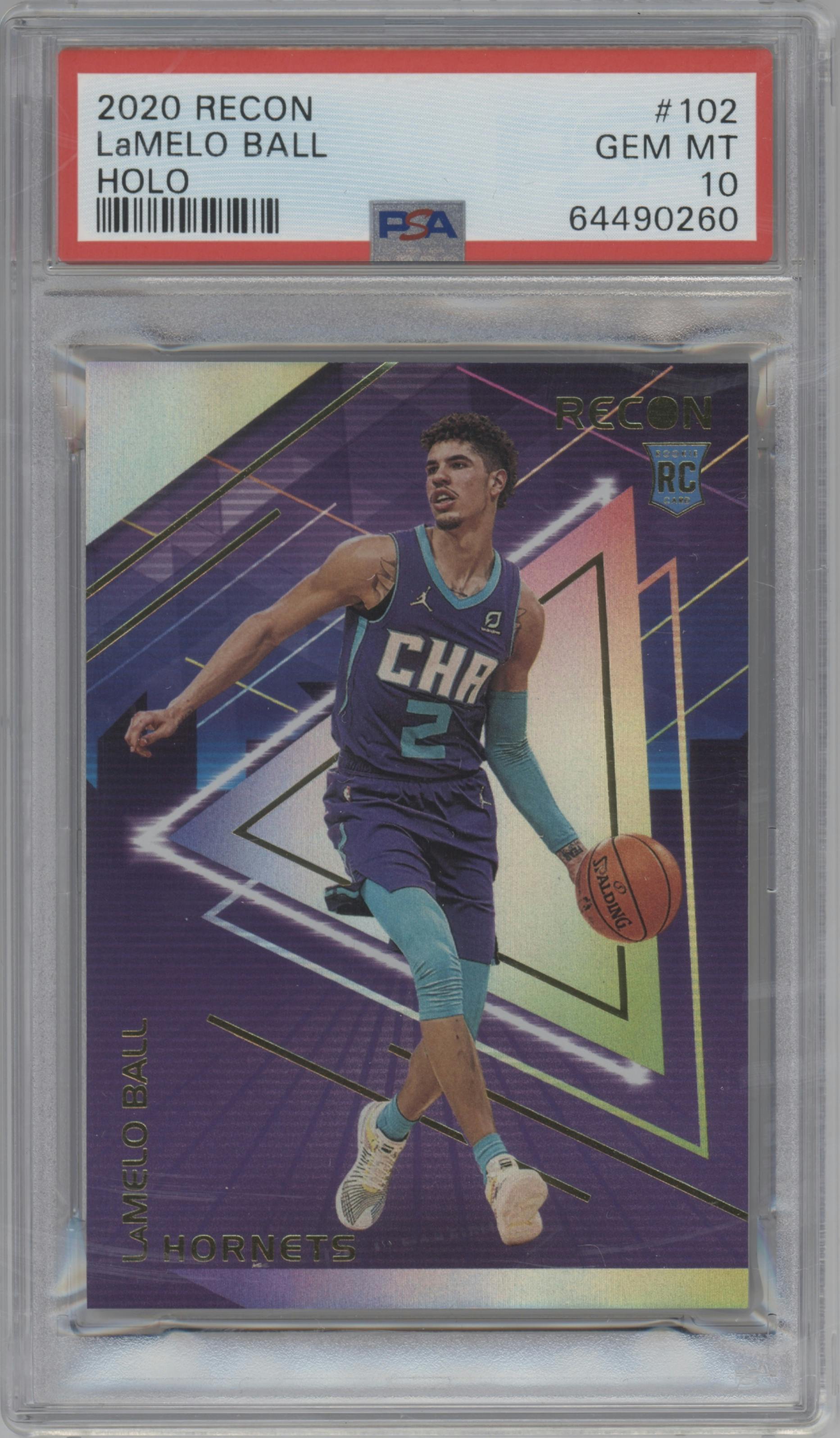 LaMelo Ball from the 2020-21 Panini Recon set featuring a Holo parallel graded by PSA and given an overall grade of 10.