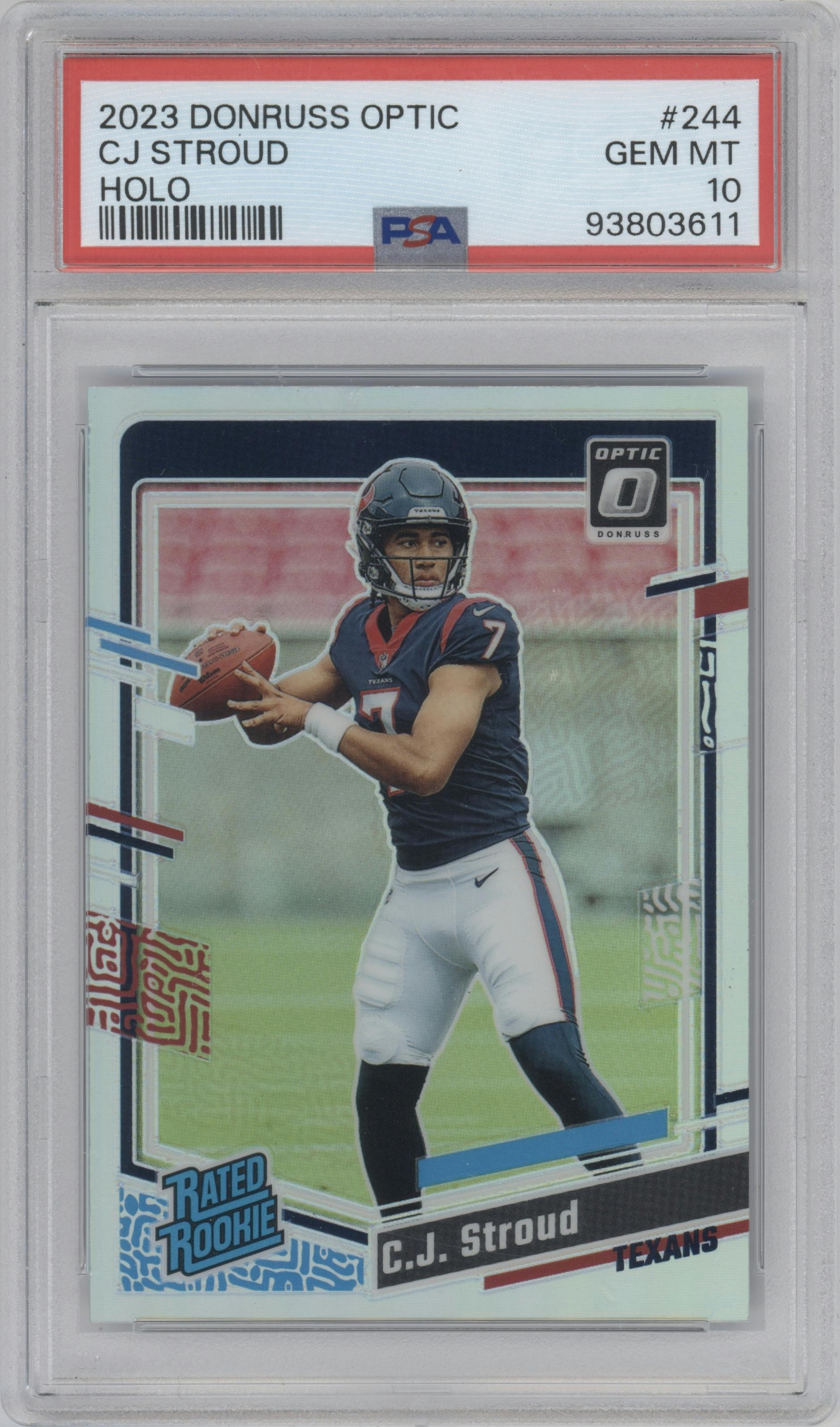 C.J. Stroud from the 2023 Donruss Optic set featuring a Holo parallel graded by PSA and given an overall grade of 10.