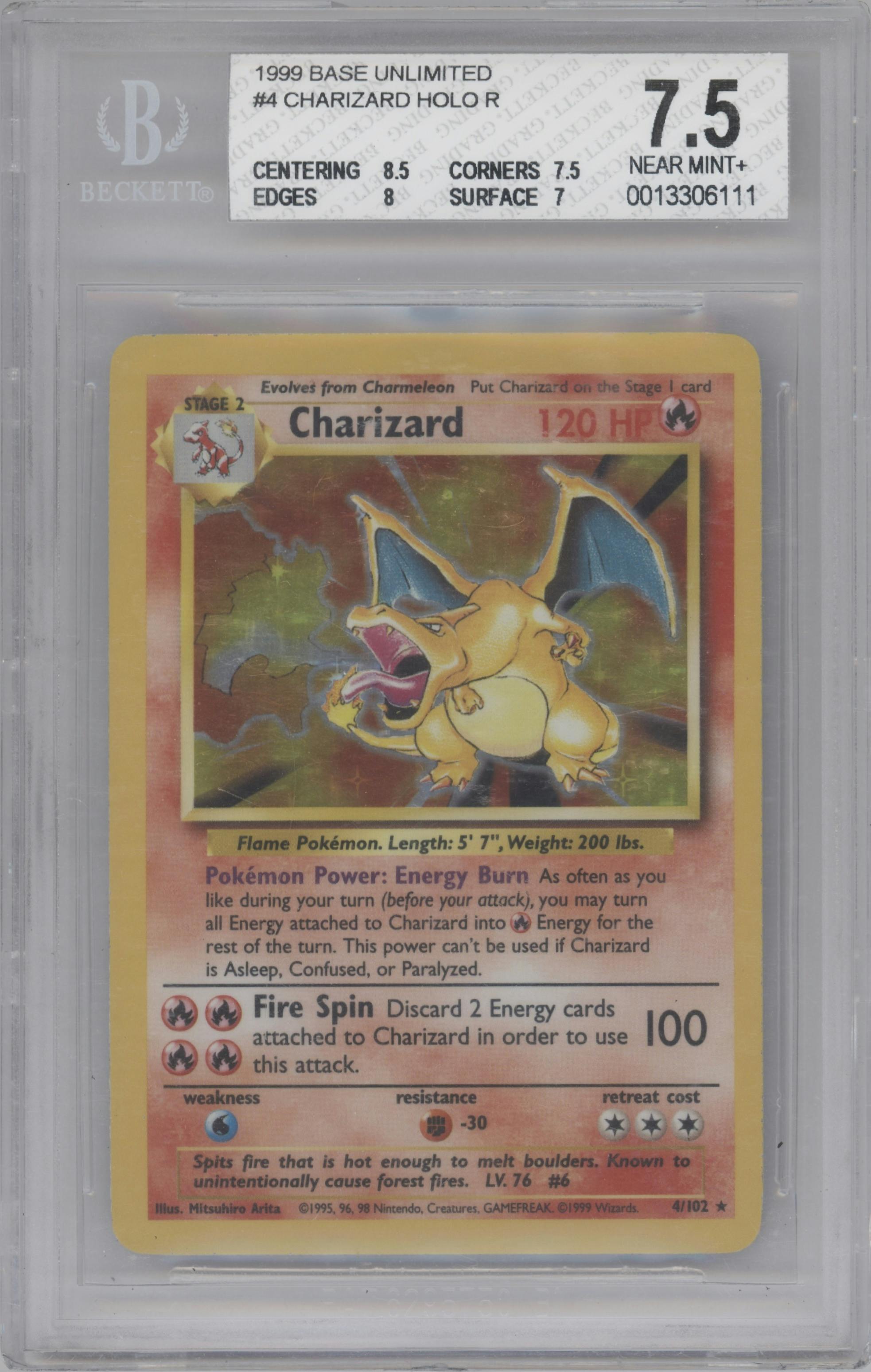 Charizard from the 1999 Pokemon set graded by Beckett and given an overall grade of 7.5.