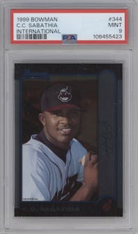 C.C. Sabathia from the 1999 Bowman set featuring a International parallel graded by PSA and given an overall grade of 9.