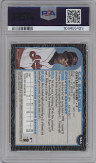 C.C. Sabathia from the 1999 Bowman set featuring a International parallel graded by PSA and given an overall grade of 9.