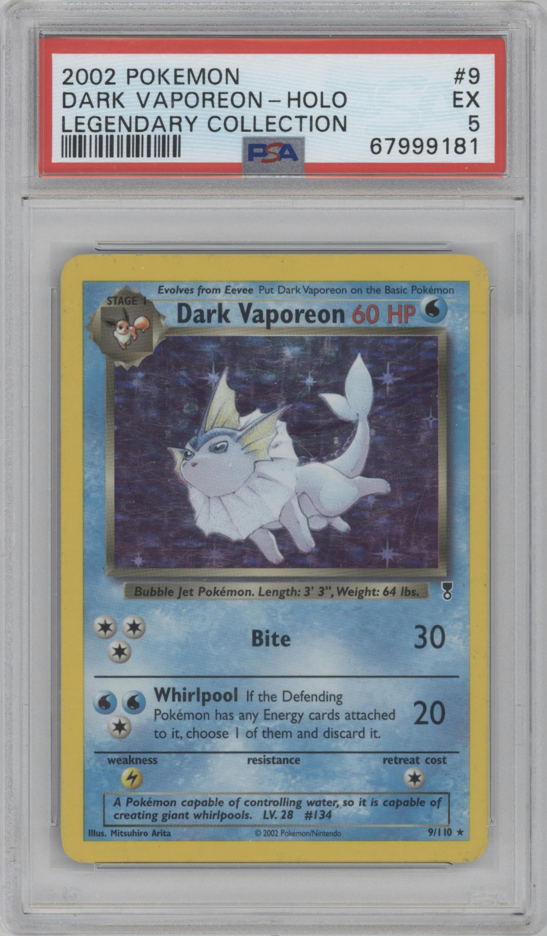 Dark Vaporeon from the 2002 Pokemon  set graded by PSA and given an overall grade of 5.