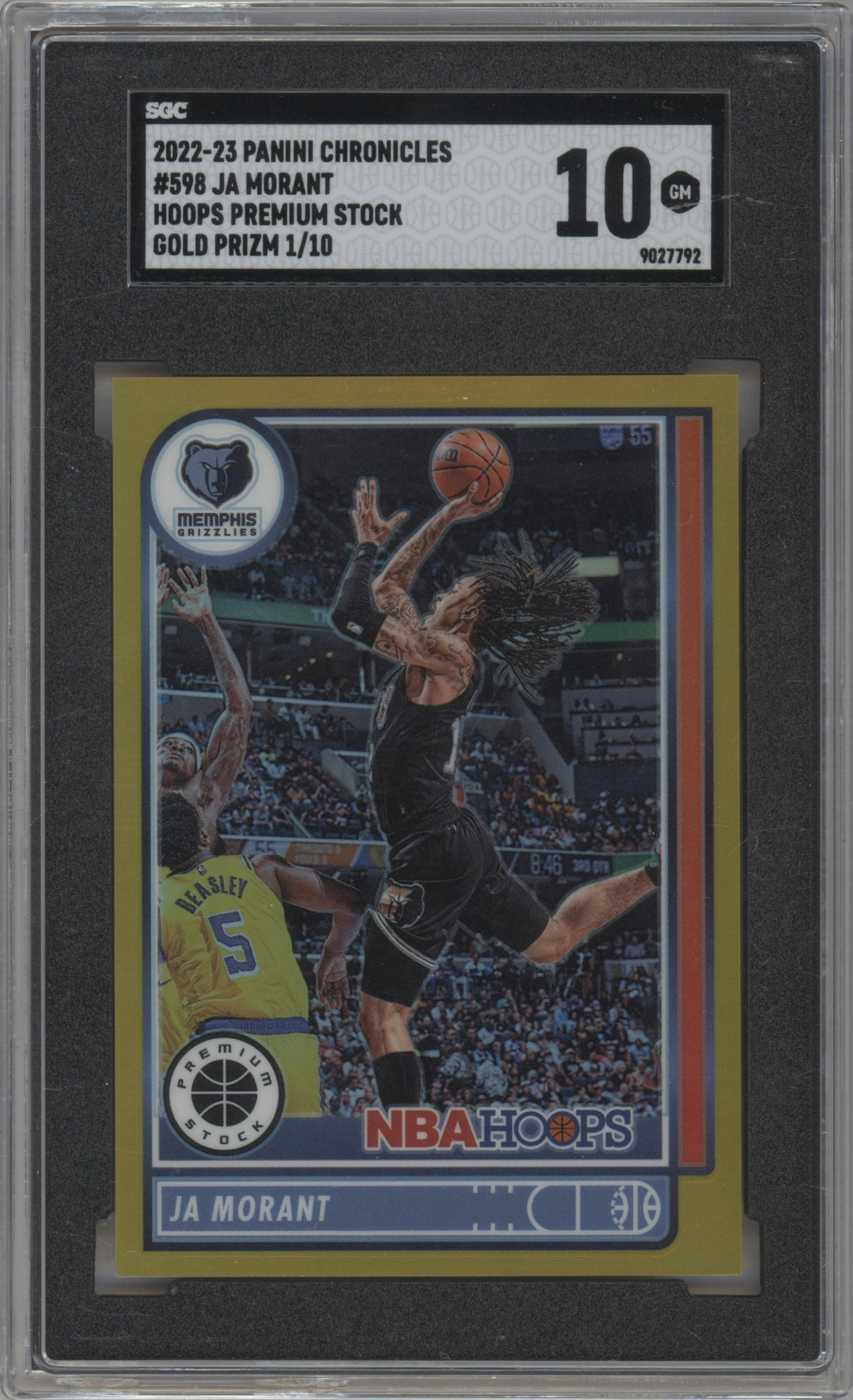 Ja Morant from the 2022-23 Panini Chronicles  set featuring a Gold parallel graded by SGC and given an overall grade of 10.