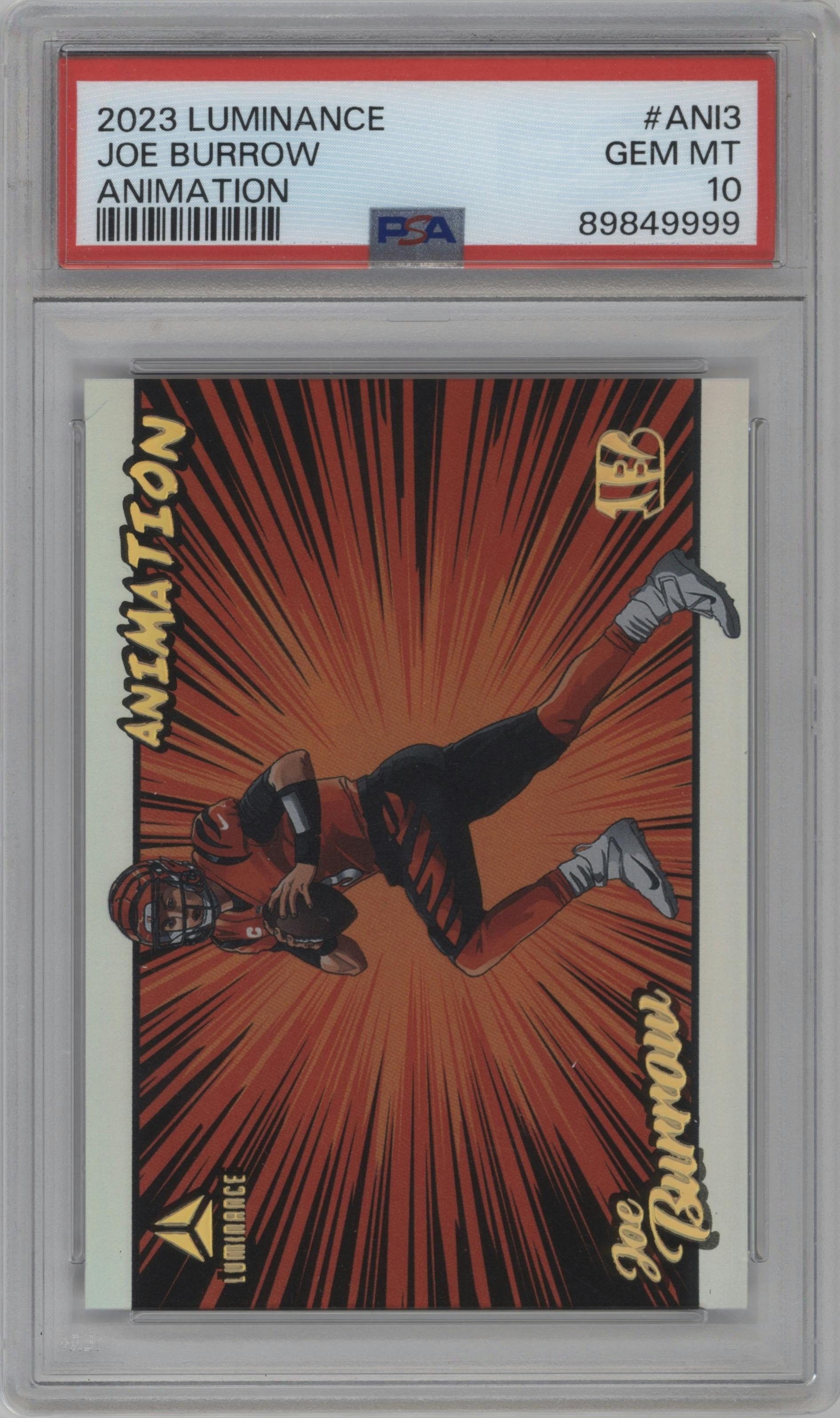 Joe Burrow from the 2023 Panini Luminance set graded by PSA and given an overall grade of 10.