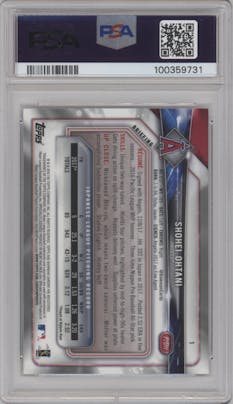 Shohei Ohtani from the 2018 Bowman Chrome set graded by PSA and given an overall grade of 10.