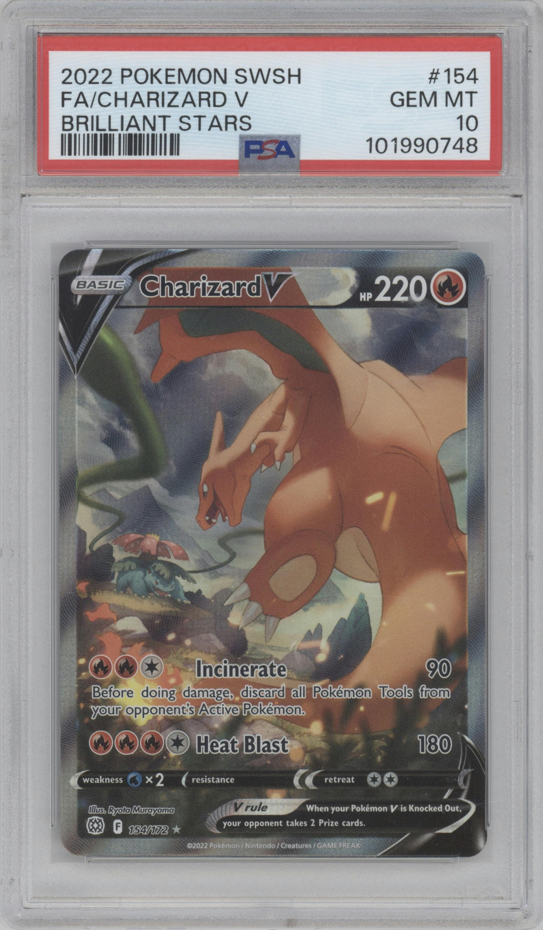 Charizard V from the 2022 Pokemon SWSH set graded by PSA and given an overall grade of 10.