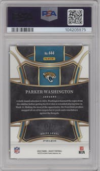 Parker Washington from the 2023 Panini Select set featuring a Dragon Scale parallel graded by PSA and given an overall grade of 10.
