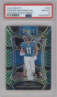 Parker Washington from the 2023 Panini Select set featuring a Dragon Scale parallel graded by PSA and given an overall grade of 10.