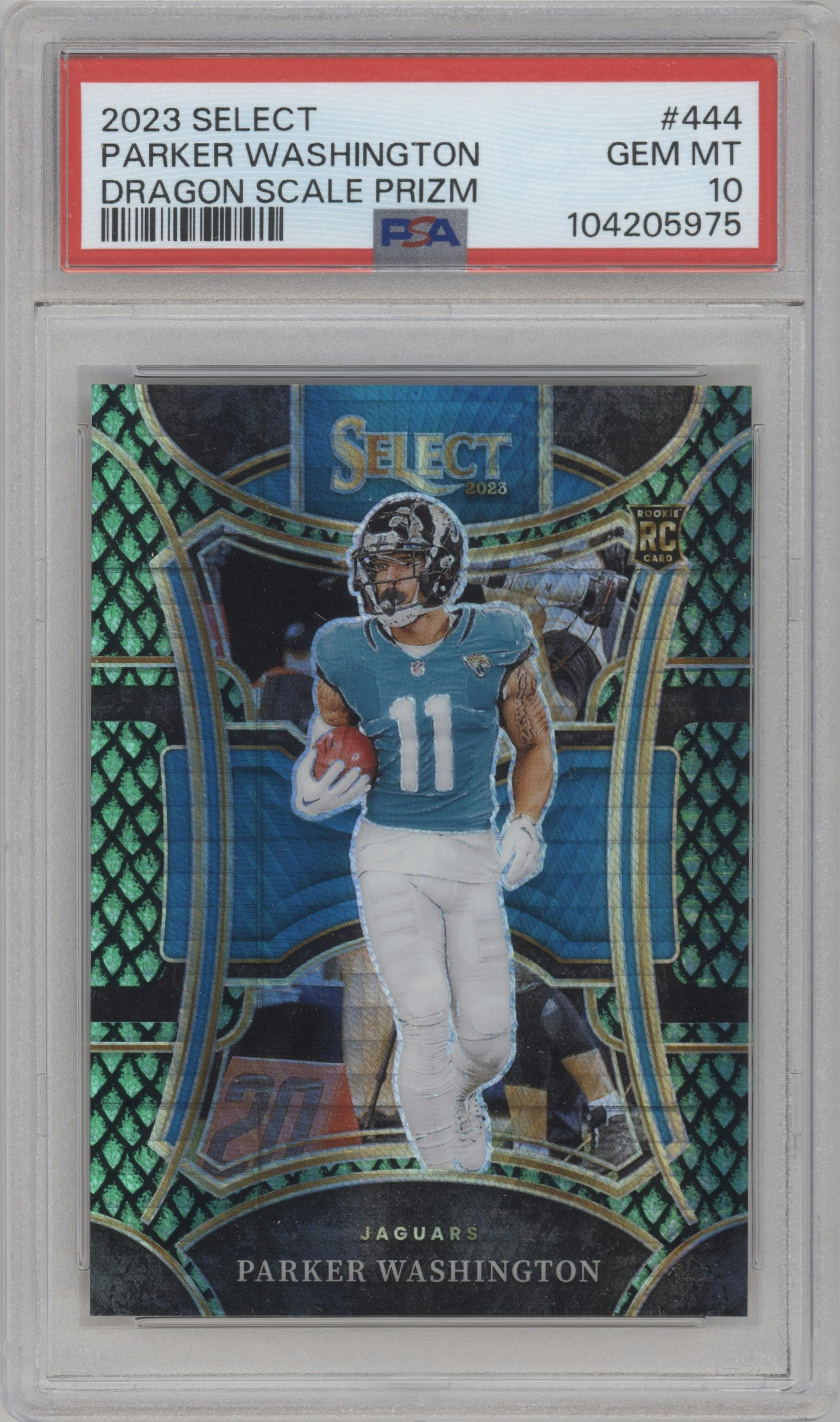 Parker Washington from the 2023 Panini Select set featuring a Dragon Scale parallel graded by PSA and given an overall grade of 10.