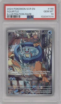 Squirtle from the 2024 Pokemon SV set featuring a Special Illustration Rare parallel graded by PSA and given an overall grade of 10.