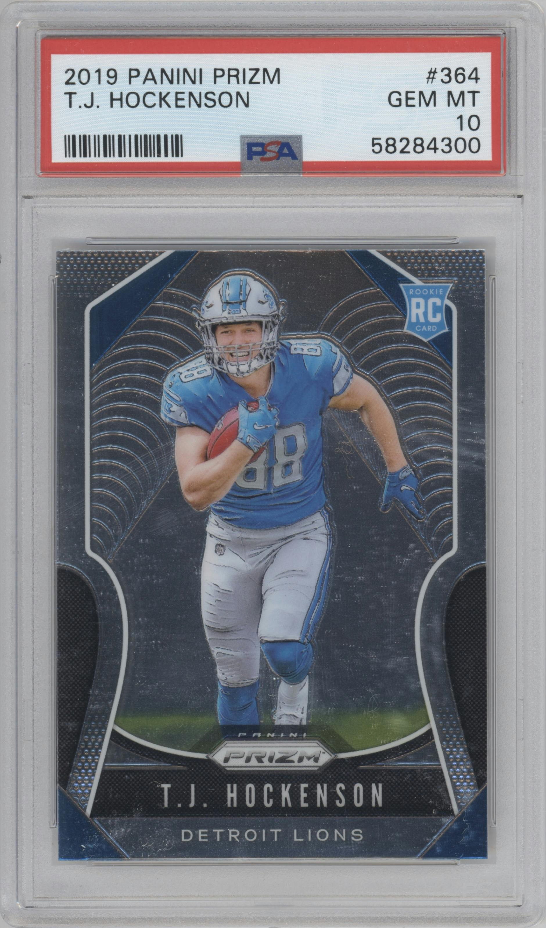 T.J. Hockenson from the 2019 Panini Prizm set graded by PSA and given an overall grade of 10.