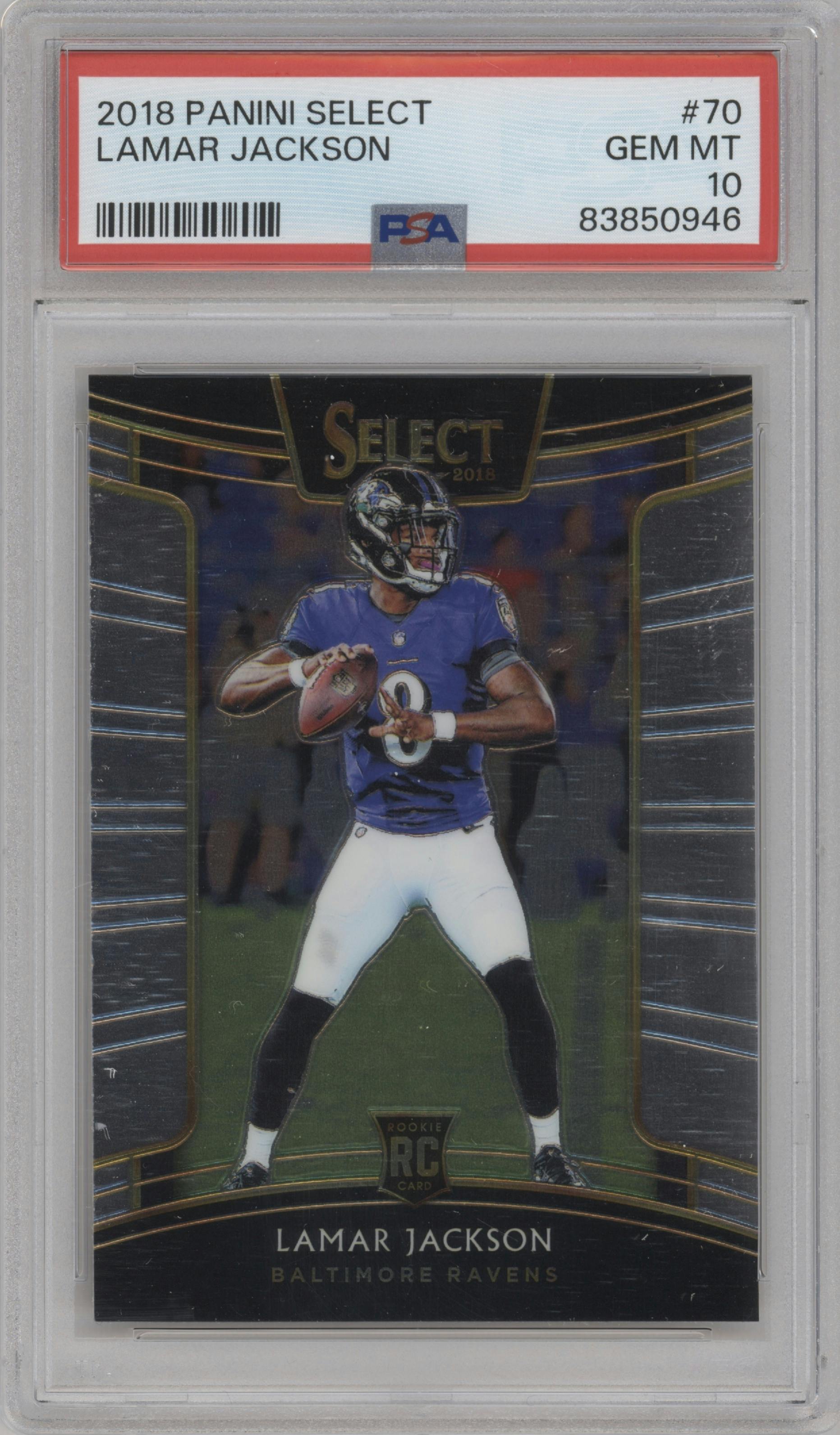Lamar Jackson from the 2018 Panini Select set graded by PSA and given an overall grade of 10.