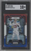 Brock Purdy from the 2023 Panini Prizm set featuring a Red/White/Blue parallel graded by SGC and given an overall grade of 10.