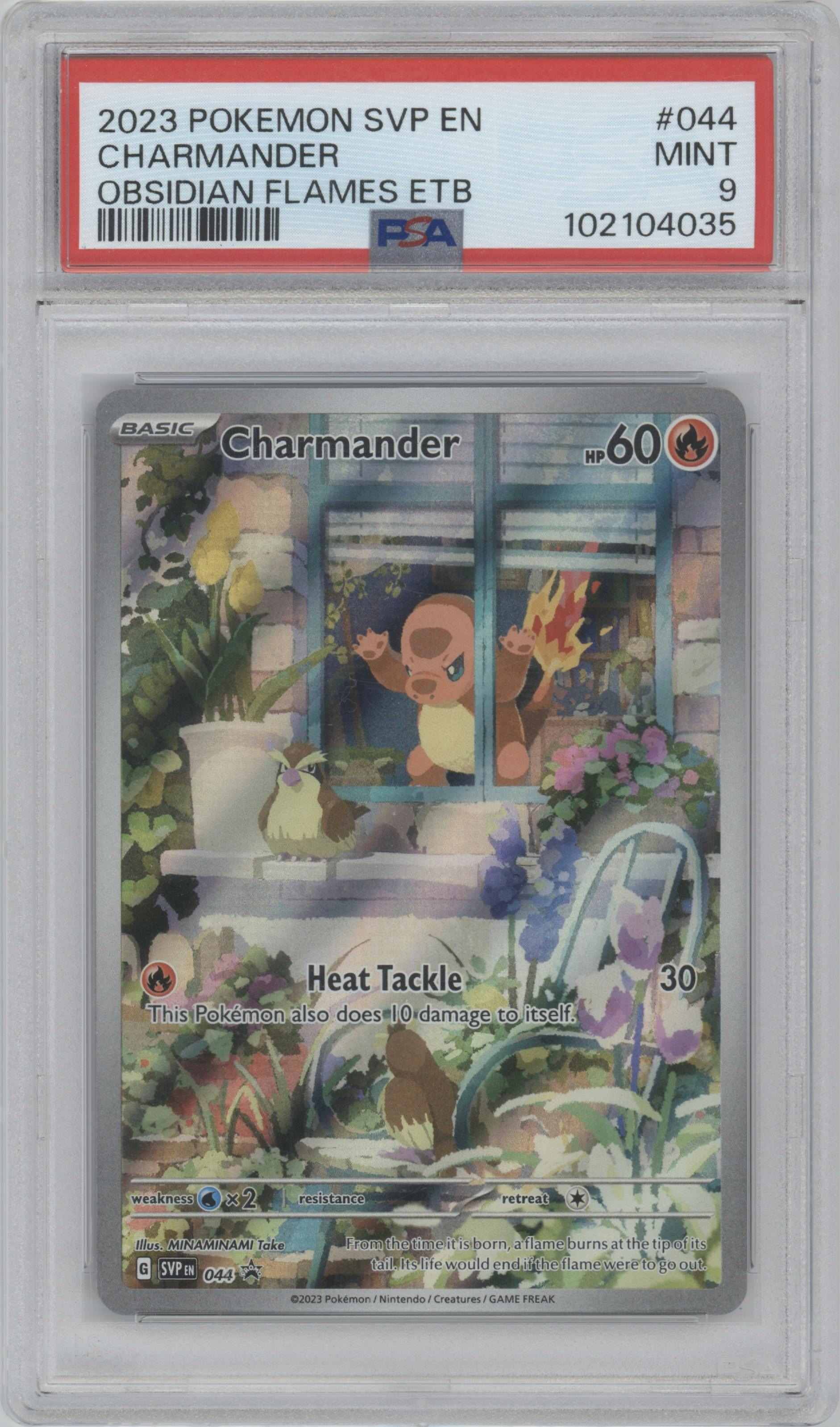 Charmander from the 2023 Pokemon SV set featuring a Obsidian Flame Elite Trainer Box parallel graded by PSA and given an overall grade of 9.