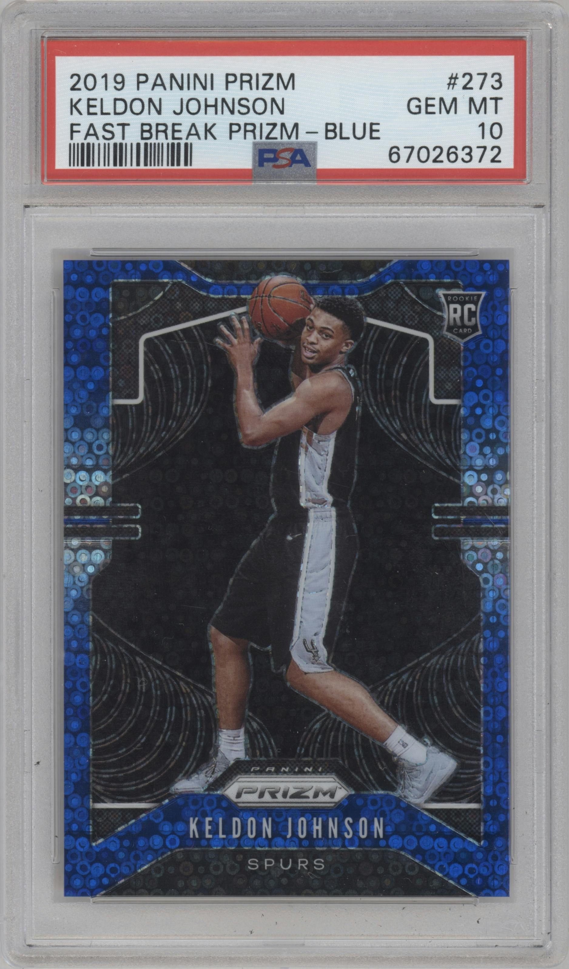 Keldon Johnson from the 2019-20 Panini Prizm set featuring a Fast Break Blue parallel graded by PSA and given an overall grade of 10.