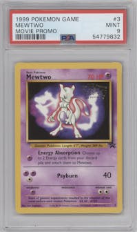 Mewtwo from the 1999 Pokemon set featuring a Movie Promo parallel graded by PSA and given an overall grade of 9.