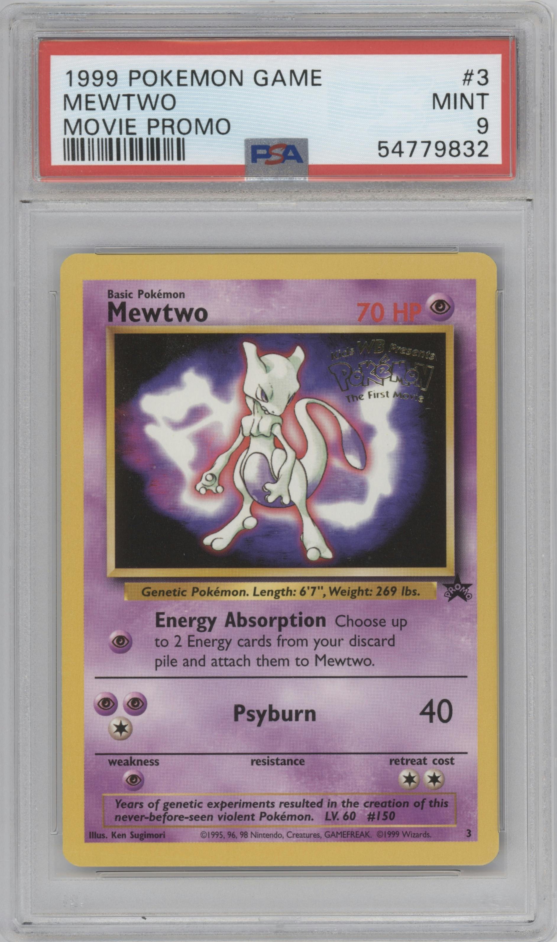Mewtwo from the 1999 Pokemon set featuring a Movie Promo parallel graded by PSA and given an overall grade of 9.