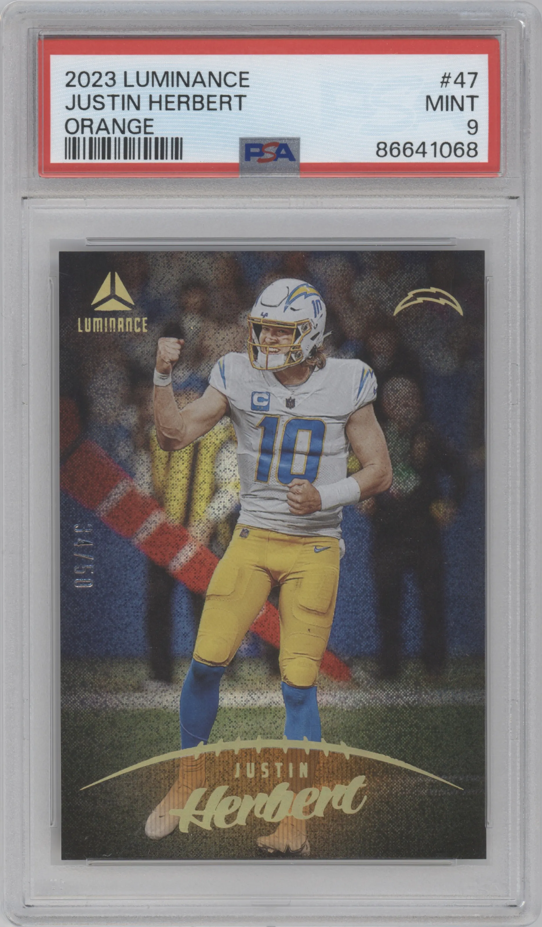 2023 Panini Luminance Justin Herbert Orange PSA 9
