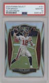 Tom Brady from the 2020 Panini Select set featuring a Silver Prizm parallel graded by PSA and given an overall grade of 10.