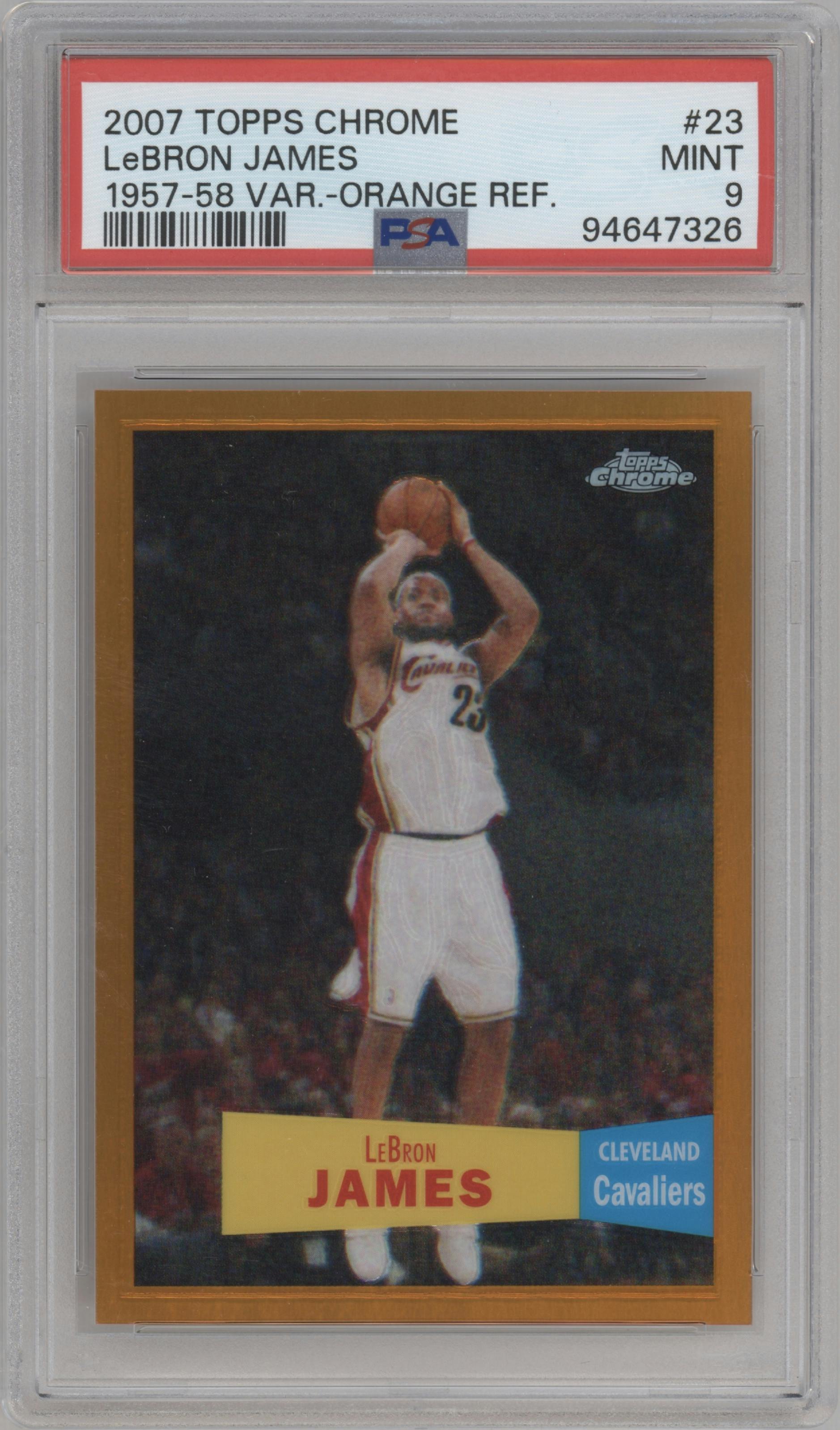 LeBron James from the 2007-08 Topps Chrome set featuring a Orange Refractor parallel graded by PSA and given an overall grade of 9.