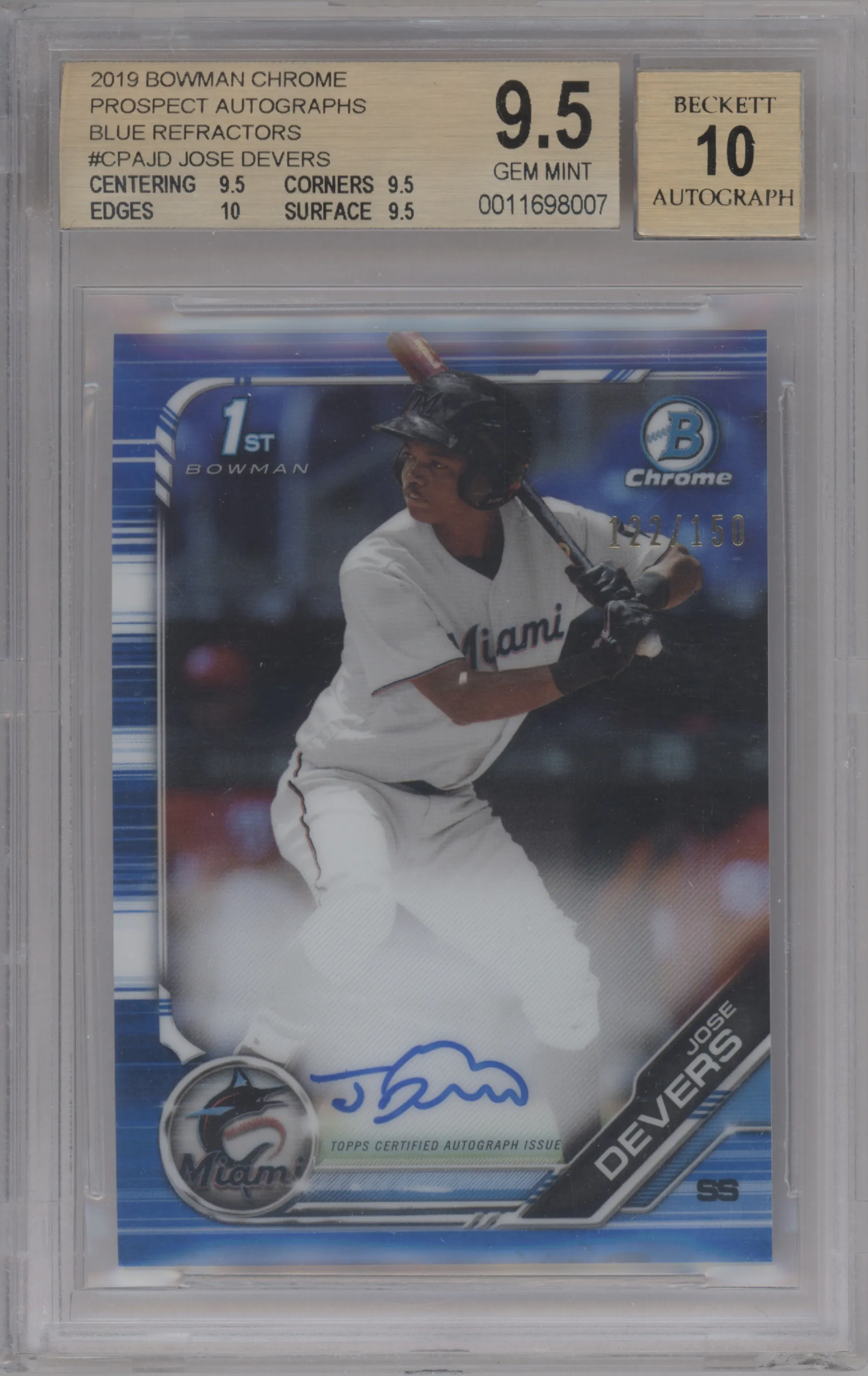 2019 Bowman Chrome Pros.Auto Jose Devers Blue Refractor #CPA-JD BGS 9.5