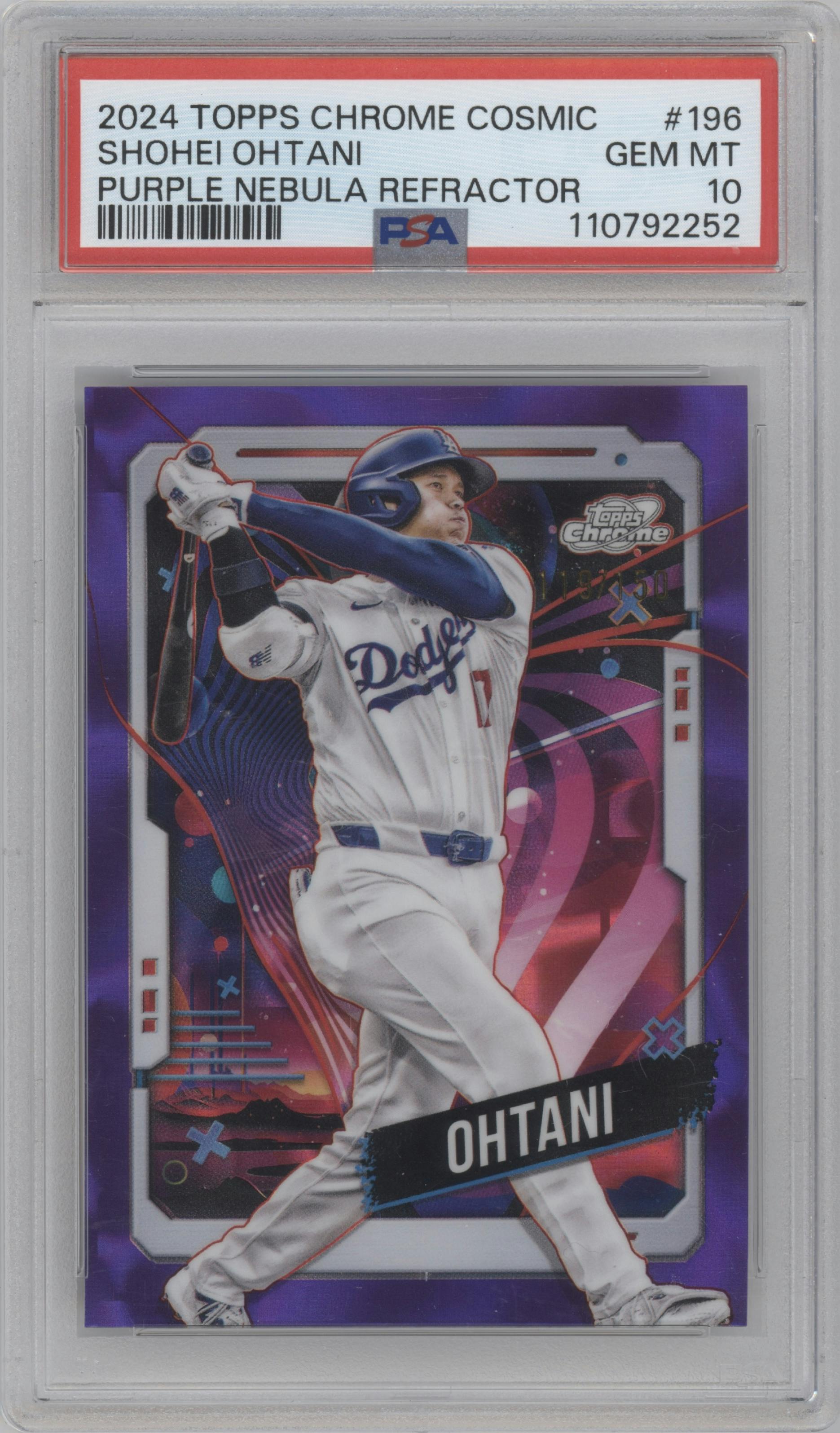Shohei Ohtani from the 2024 Topps Cosmic Chrome set featuring a Purple Nebula Refractor parallel graded by PSA and given an overall grade of 10.