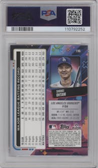 Shohei Ohtani from the 2024 Topps Cosmic Chrome set featuring a Purple Nebula Refractor parallel graded by PSA and given an overall grade of 10.