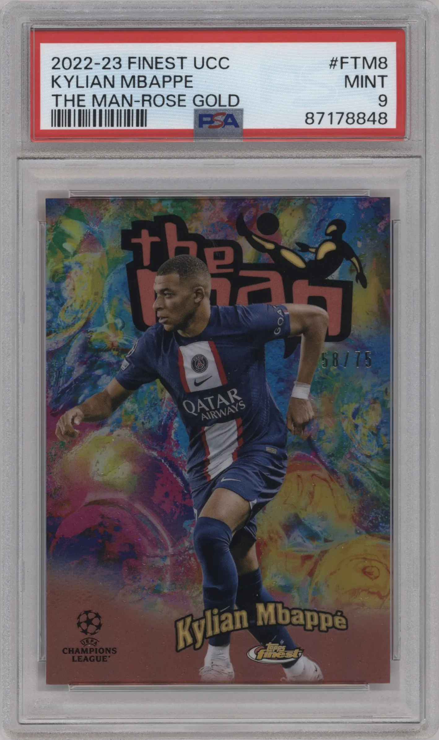 2022 Topps Finest UEFA Club Competitions The Man Kylian Mbappe Rose Gold Refractor PSA 9