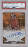 Jackson Holliday from the 2023 Bowman Sterling set featuring a Orange Refractor parallel graded by PSA and given an overall grade of 10.