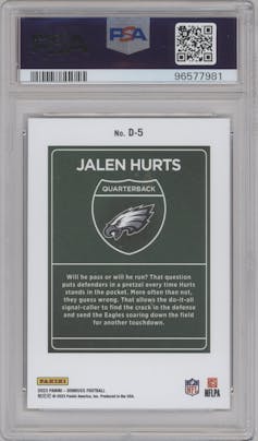 Jalen Hurts from the 2023 Panini Donruss set graded by PSA and given an overall grade of 10.