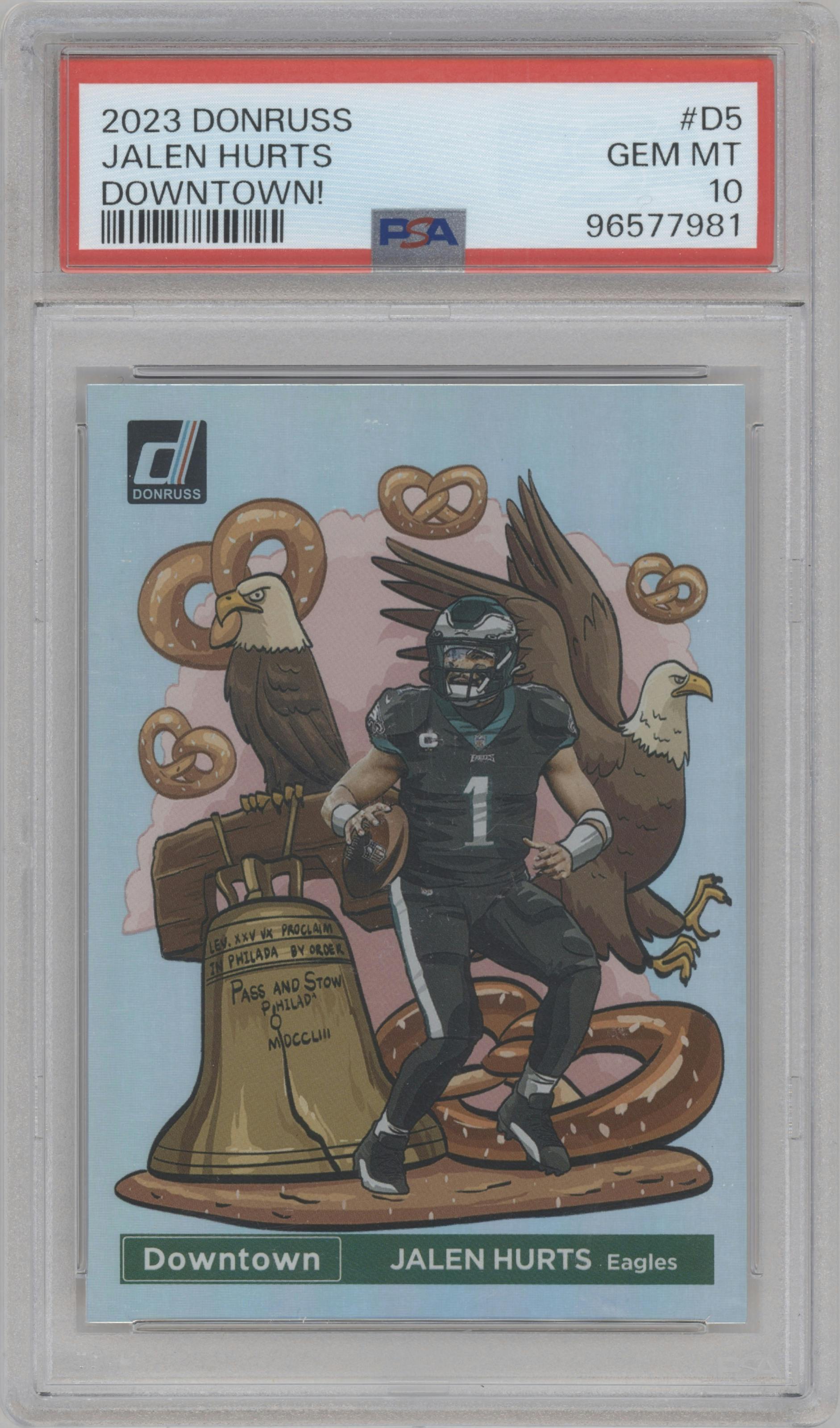 Jalen Hurts from the 2023 Panini Donruss set graded by PSA and given an overall grade of 10.