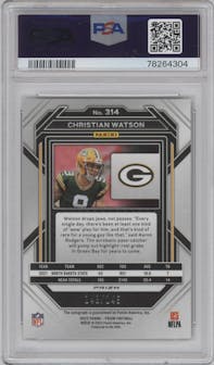 Christian Watson from the 2022 Panini Prizm set featuring a Red Wave parallel graded by PSA and given an overall grade of 10.
