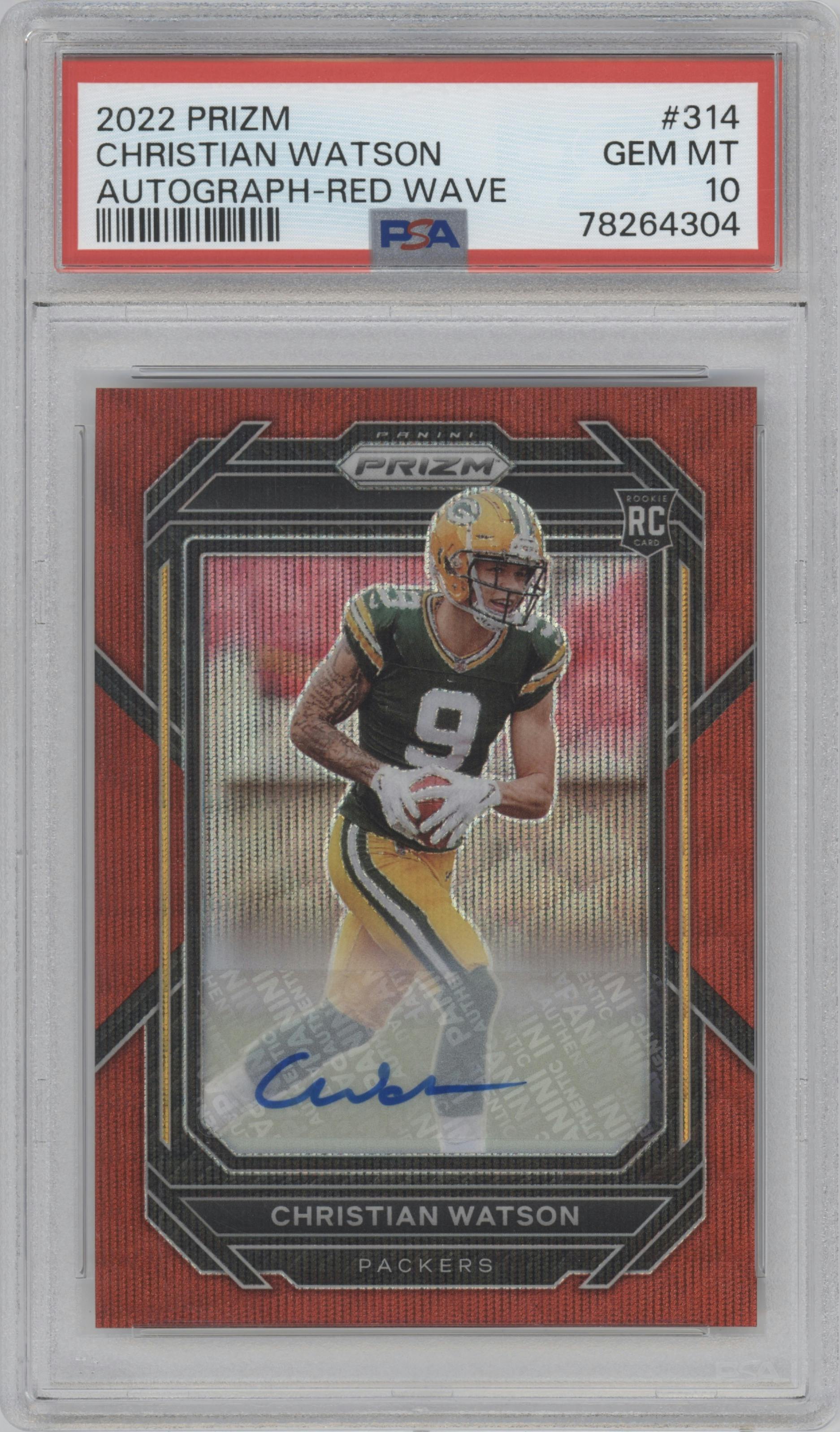 Christian Watson from the 2022 Panini Prizm set featuring a Red Wave parallel graded by PSA and given an overall grade of 10.