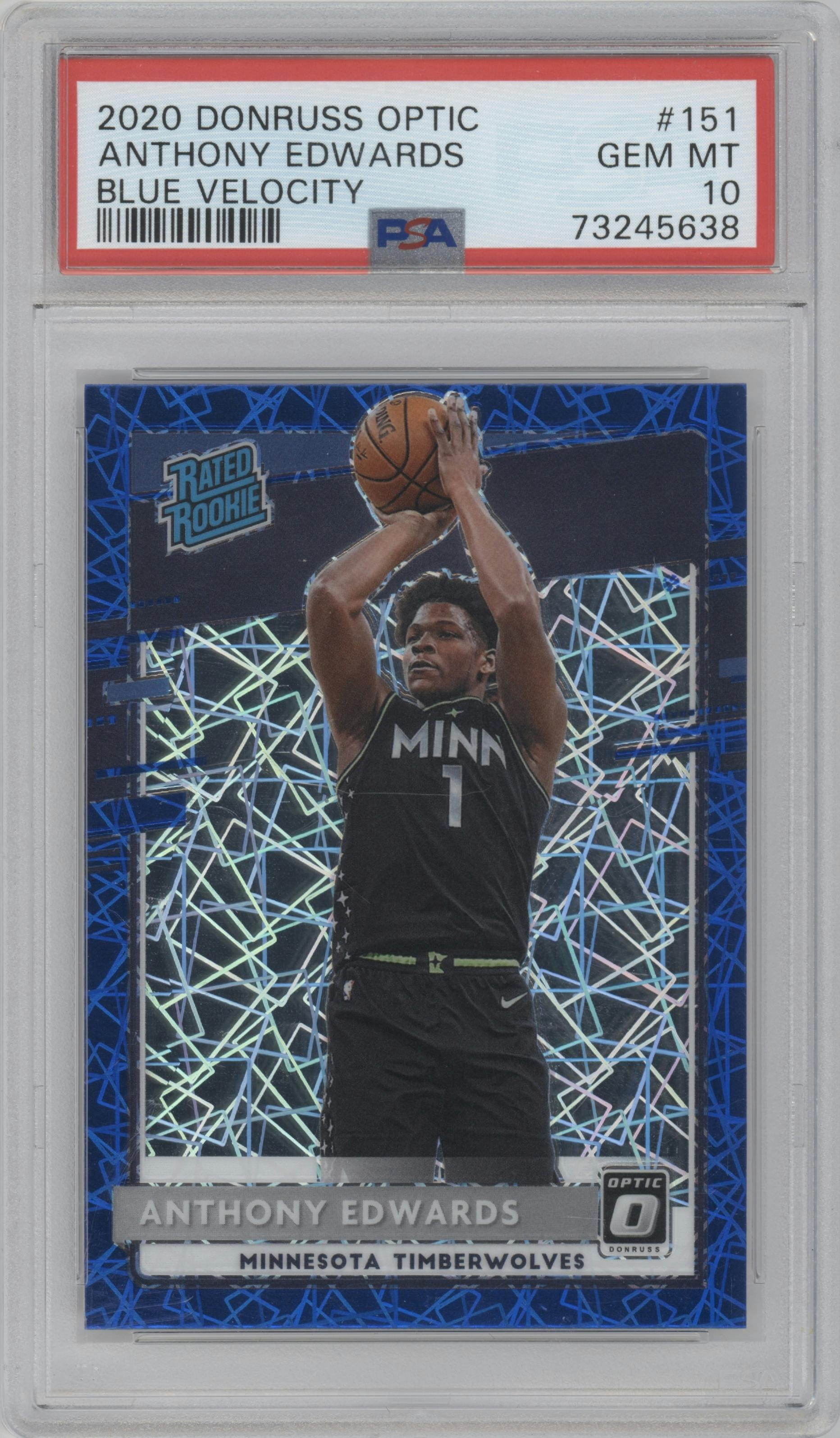 Anthony Edwards from the 2020-21 Panini Donruss Optic set featuring a Blue Velocity  parallel graded by PSA and given an overall grade of 10.