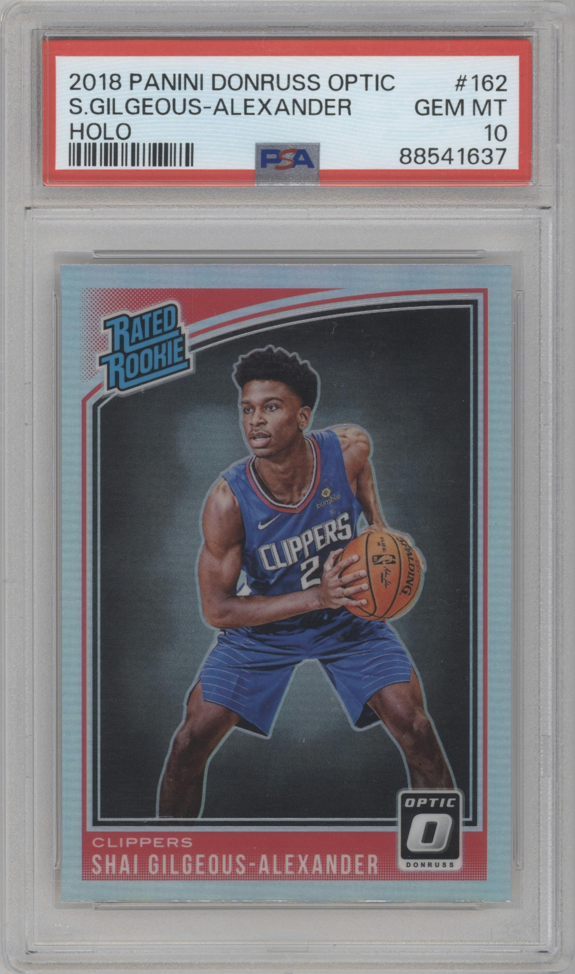 Shai Gilgeous-Alexander from the 2018-19 Panini Donruss Optic set featuring a Holo parallel graded by PSA and given an overall grade of 10.