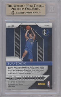 Luka Doncic from the 2018-19 Panini Prizm set featuring a Silver Prizm parallel graded by Beckett and given an overall grade of 9.5.