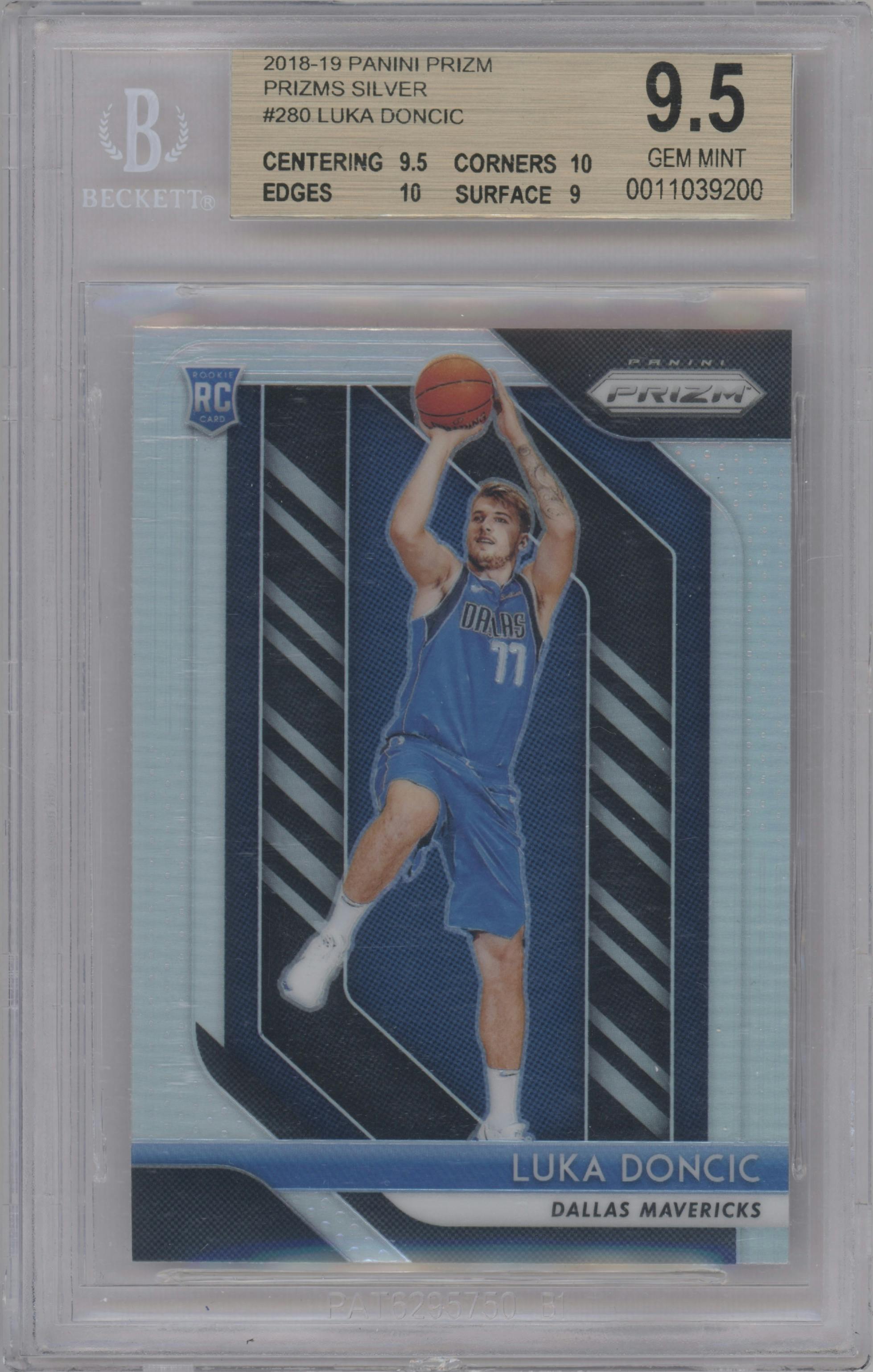 Luka Doncic from the 2018-19 Panini Prizm set featuring a Silver Prizm parallel graded by Beckett and given an overall grade of 9.5.