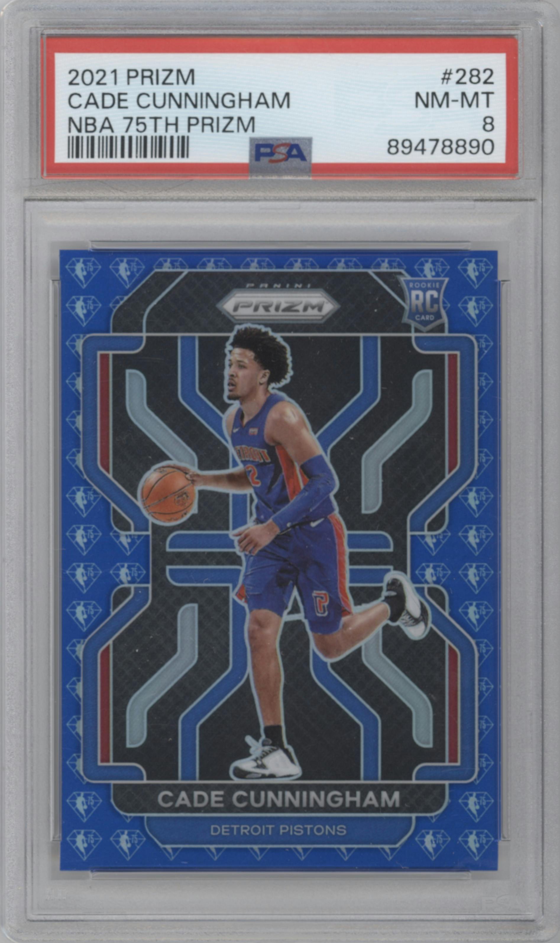 Cade Cunningham from the 2021-22 Panini Prizm  set featuring a Blue NBA 75th Prizm parallel graded by PSA and given an overall grade of 8.