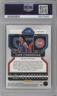 Cade Cunningham from the 2021-22 Panini Prizm  set featuring a Blue NBA 75th Prizm parallel graded by PSA and given an overall grade of 8.