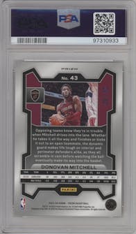 Donovan Mitchell from the 2023-24 Panini Prizm set featuring a Gold Wave parallel graded by PSA and given an overall grade of 10.