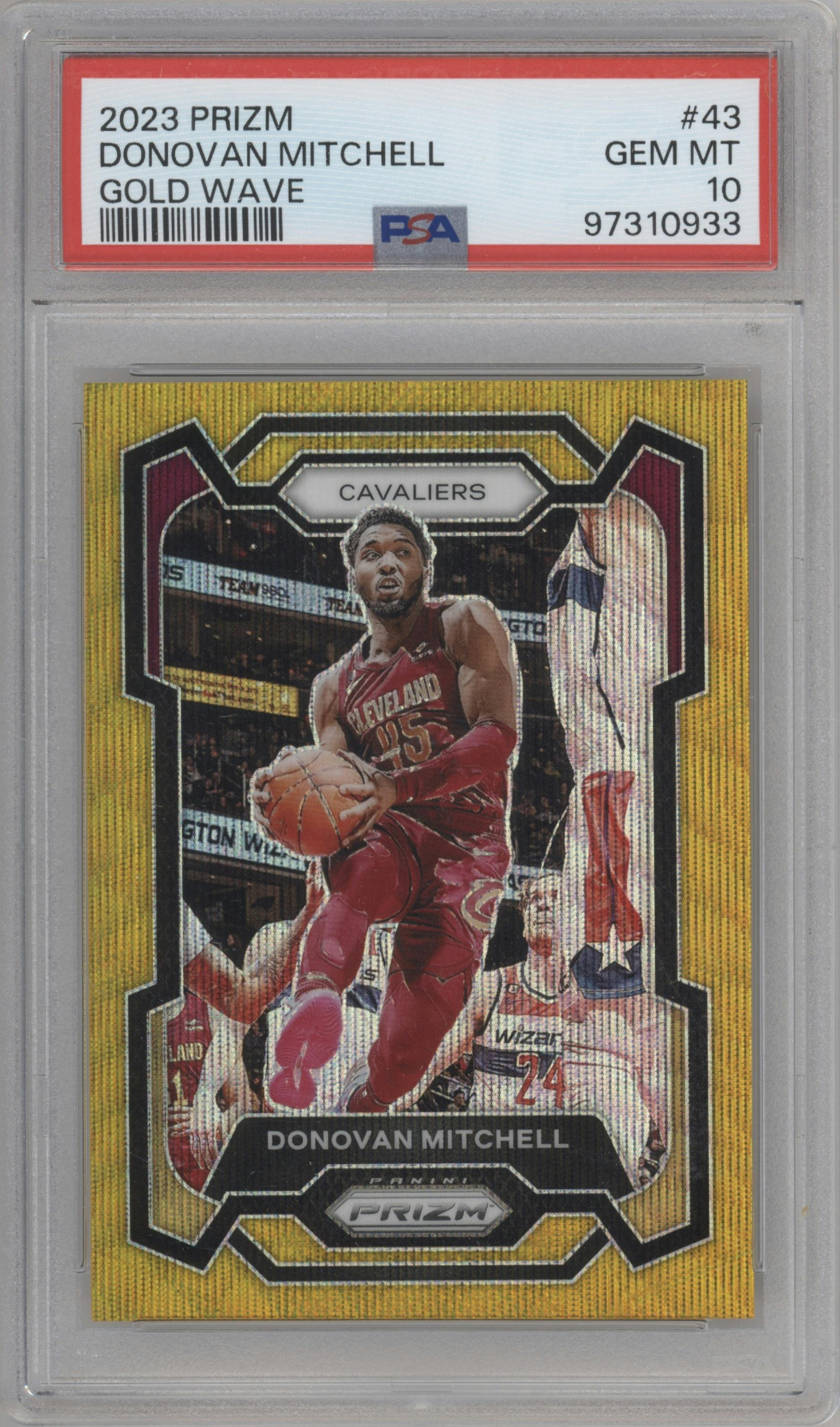 Donovan Mitchell from the 2023-24 Panini Prizm set featuring a Gold Wave parallel graded by PSA and given an overall grade of 10.