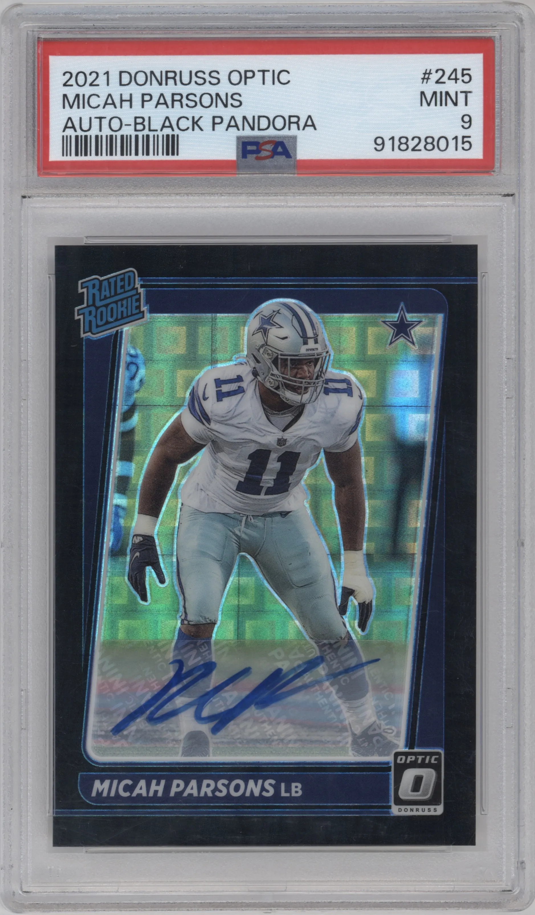 2021 Panini Donruss Optic Rtd.Rke.Auto Micah Parsons Black Pandora #245 PSA 9