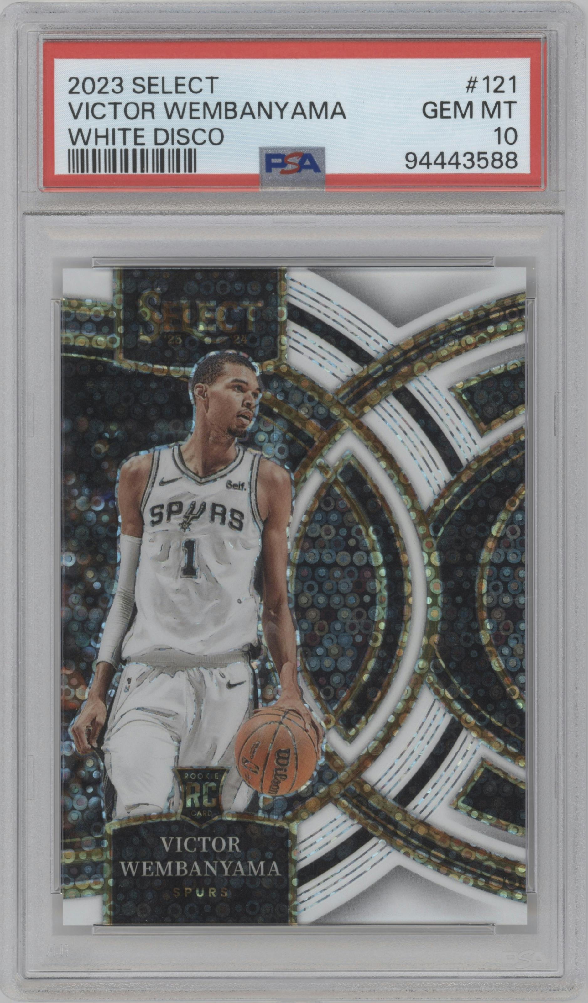 Victor Wembanyama from the 2023-24 Panini Select  set featuring a White Disco  parallel graded by PSA and given an overall grade of 10.