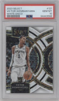 Victor Wembanyama from the 2023-24 Panini Select set featuring a White Disco parallel graded by PSA and given an overall grade of 10.