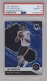 Justin Fields from the 2021 Panini Mosaic set featuring a No Huddle Blue parallel graded by PSA and given an overall grade of 10.