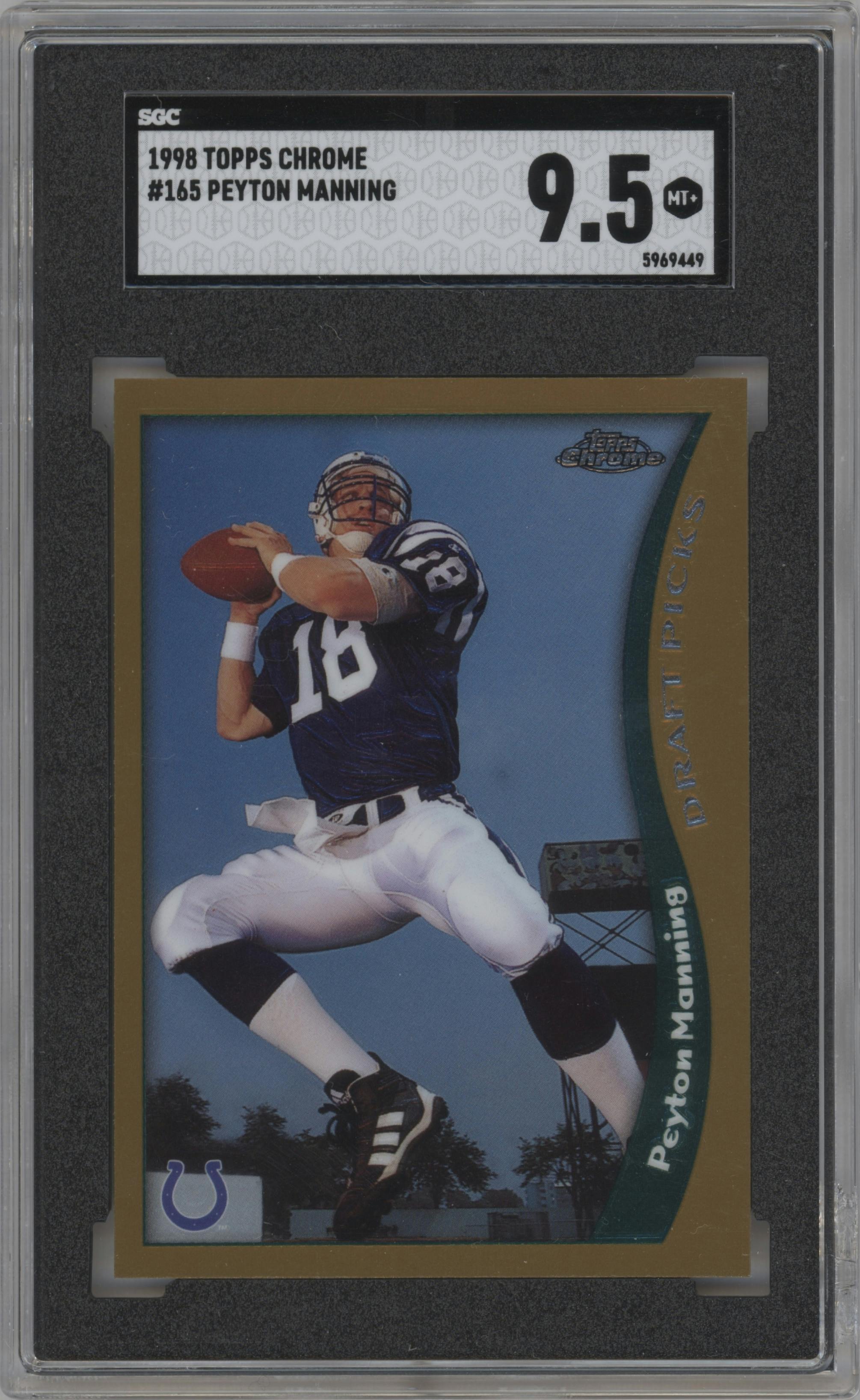 Peyton Manning from the 1998 Topps Chrome set graded by SGC and given an overall grade of 9.5.