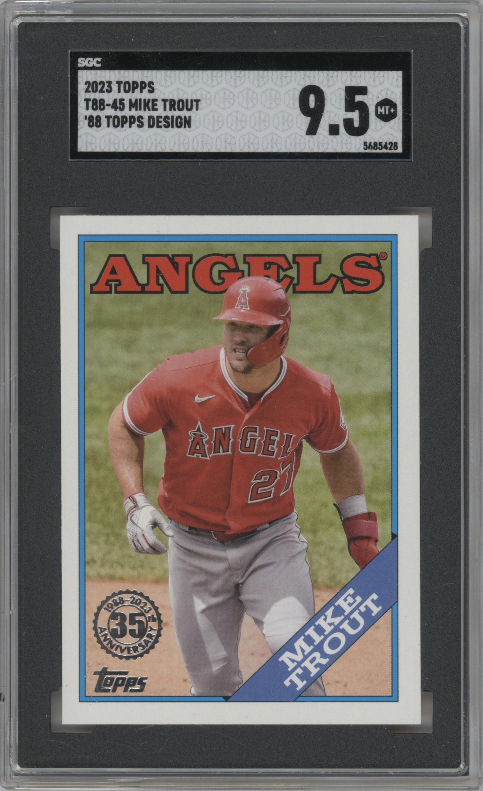 Mike Trout from the 2023 Topps Series 1 set graded by SGC and given an overall grade of 9.5.