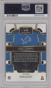 Sam LaPorta from the 2023 Panini Select set featuring a Dragon Scale parallel graded by PSA and given an overall grade of 10.