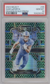 Sam LaPorta from the 2023 Panini Select set featuring a Dragon Scale parallel graded by PSA and given an overall grade of 10.