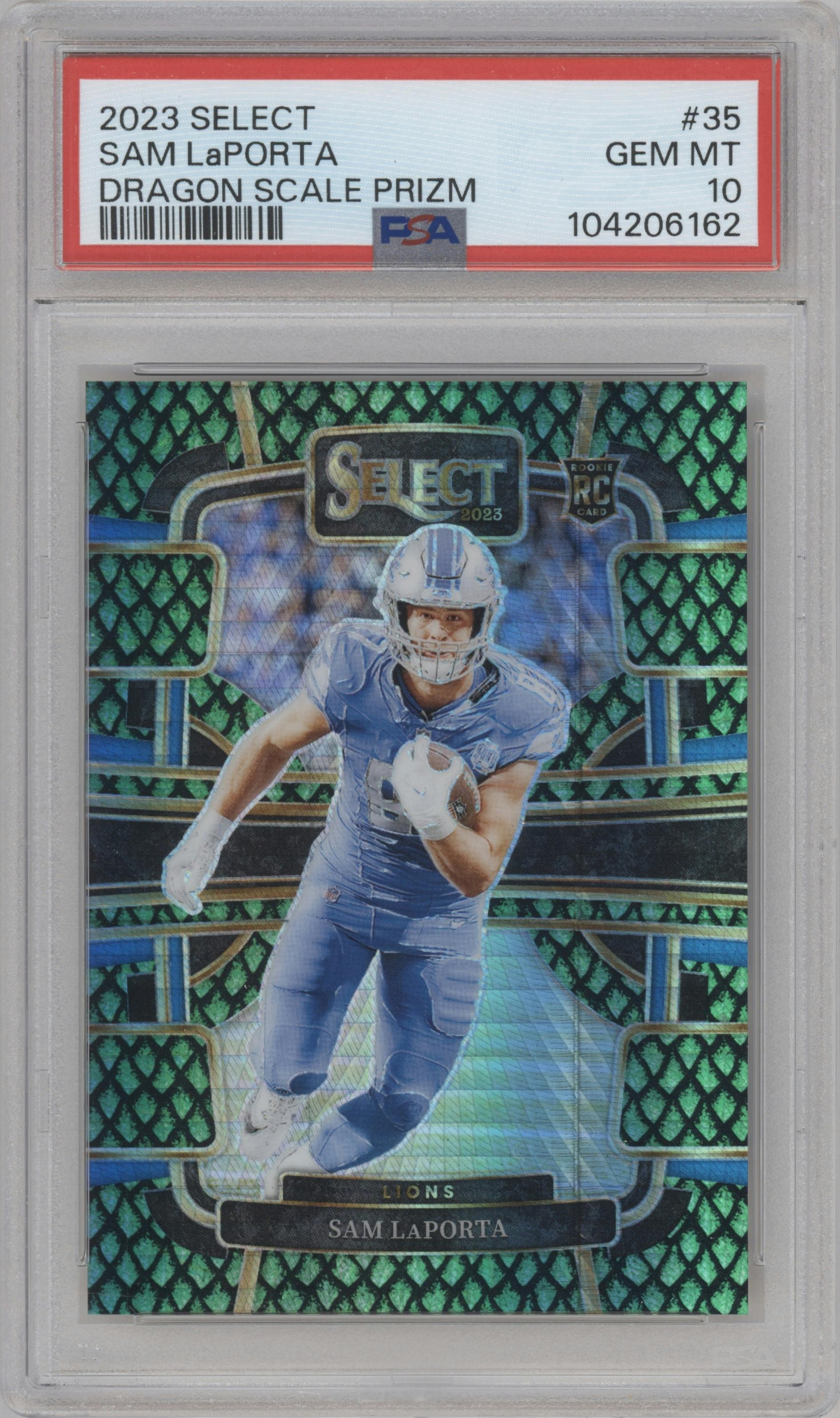 Sam LaPorta from the 2023 Panini Select set featuring a Dragon Scale parallel graded by PSA and given an overall grade of 10.
